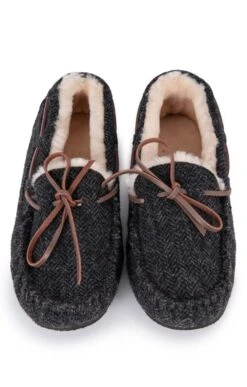 Men’s Shetland Tweed Moccasin Slippers -Bruar Heritage Sales Store TA16077CHARCOALHBONE 4