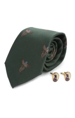Flying Pheasant Silk Tie And Cufflinks