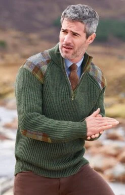Men's Pure New Wool Country Sweater With Harris Tweed Patches